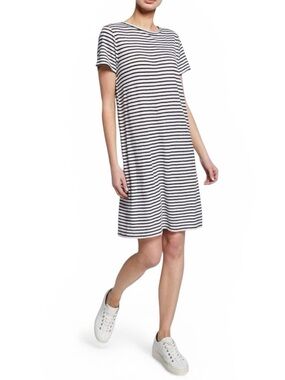 EILEEN FISHER Linen Striped Short Sleeve T-Shirt Dress Black White Mini Casual M
